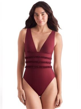 Mimi Flamingo Deep V Ruffle One-Piece Swimsuit - Burgundy